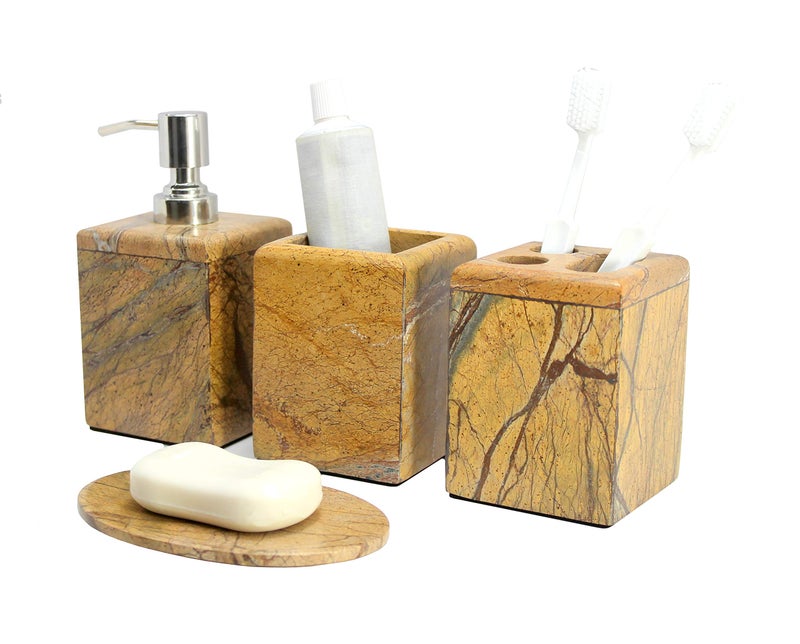 KLEO - Bathroom Accessory Set Made from Natural Stone - Bath Accessories Set of 4 Includes Soap Dispenser, Toothbrush Holder, Tumbler and Soap Dish (Brown) - Image 1